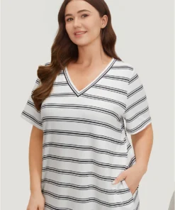V Neck Pocket Striped Sleep Dress -Clothing Shop 786561449 oj