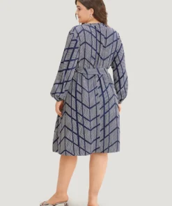 Polka Dot Geometric Belted Lantern Sleeve Dress -Clothing Shop 787164720 hu