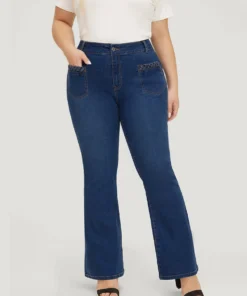 Flare Leg Very Stretchy High Rise Dark Wash Cable Contrast Jeans -Clothing Shop 787709260 ii