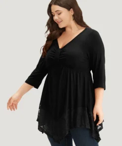 Plain Ruched Lace Patchwork Hanky Hem T-shirt -Clothing Shop 788636135 zc