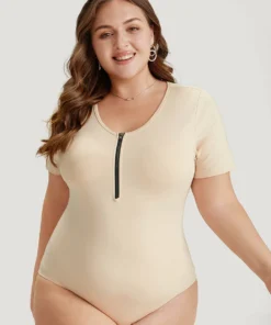 Plain Zipper Half Crew Neck Bodysuit -Clothing Shop 788760316 mk