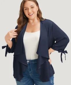 Anti-Wrinkle Solid Open Front Knot Sleeve Waterfall Collar Blazer -Clothing Shop 789340778 id