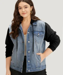 Hooded Patchwork Flap Pocket Denim Jacket -Clothing Shop 789445702 zj
