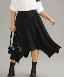 Solid Rayon Elastic Waist Pocket Hanky Hem Skirt