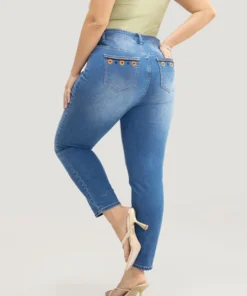 Very Stretchy High Rise Medium Wash Floral Embroidered Jeans