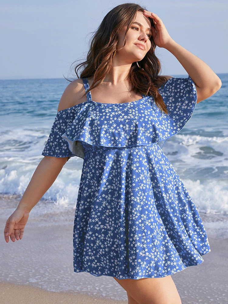 Ditsy Floral Cold Shoulder Sculpt Waist Ruffles Swim Dress 21 Ditsy Floral Cold Shoulder Sculpt Waist Ruffles Swim Dress - Image 19