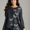 Butterfly Crew Neck Lantern Sleeve Hanky Hem Blouse -Clothing Shop 790192664 nd