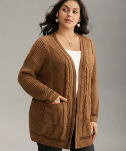 Plain Cable Knit Pocket Open Front Cardigan -Clothing Shop 790228050 zr