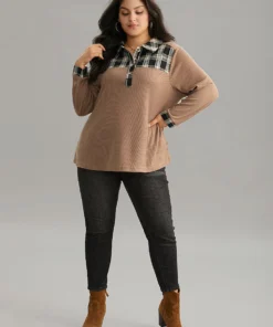 Plaid Patchwork Polo Waffle Knit Button Up T-shirt -Clothing Shop 790542466 fg