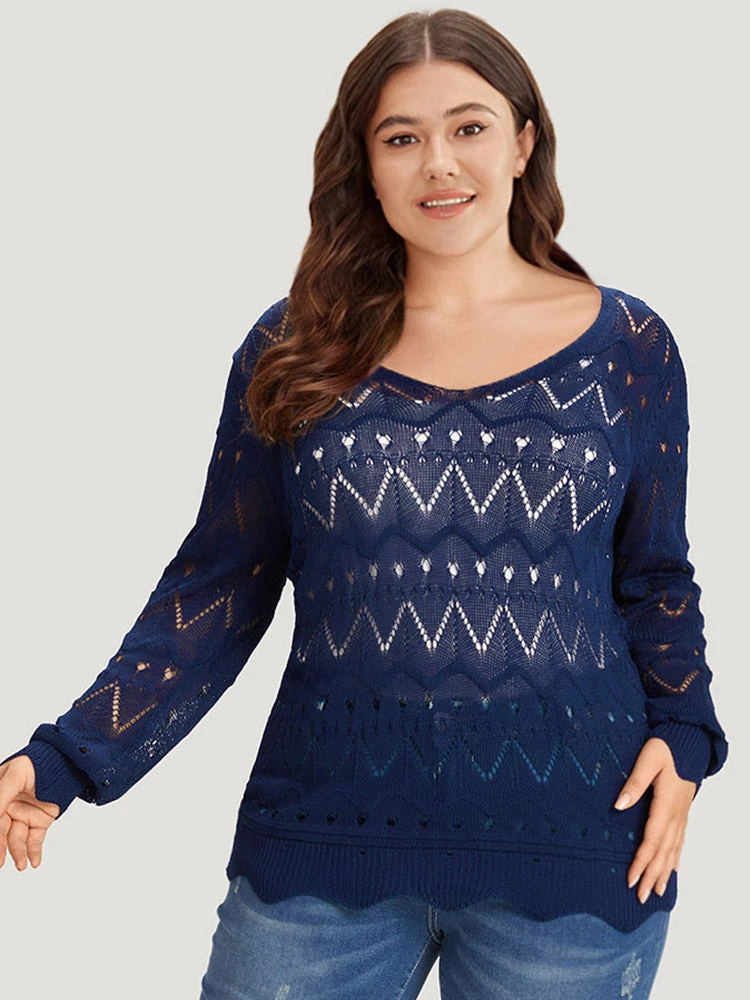 Geometric Eyelet Scalloped Trim Drop Shoulder Pullover 3 Geometric Eyelet Scalloped Trim Drop Shoulder Pullover