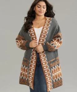 Contrast Geometric Pocket Open Front Cardigan