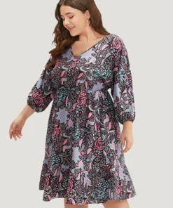 Floral Print Lantern Sleeve Elastic Waist Dress 17 Floral Print Lantern Sleeve Elastic Waist Dress -Clothing Shop 792087270 lc