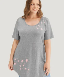 Star Print Split Arc Hem T-shirt -Clothing Shop 792091113 ui