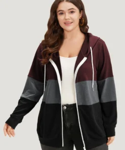 Colorblock Contrast Drawstring Zipper Hooded Sweatshirt -Clothing Shop 7923849 xv