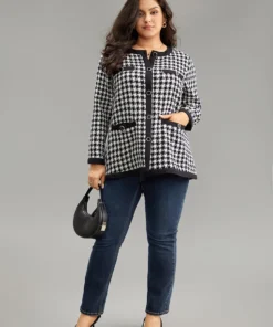 Twill Houndstooth Button Detail Pocket Coat -Clothing Shop 793044593 pz