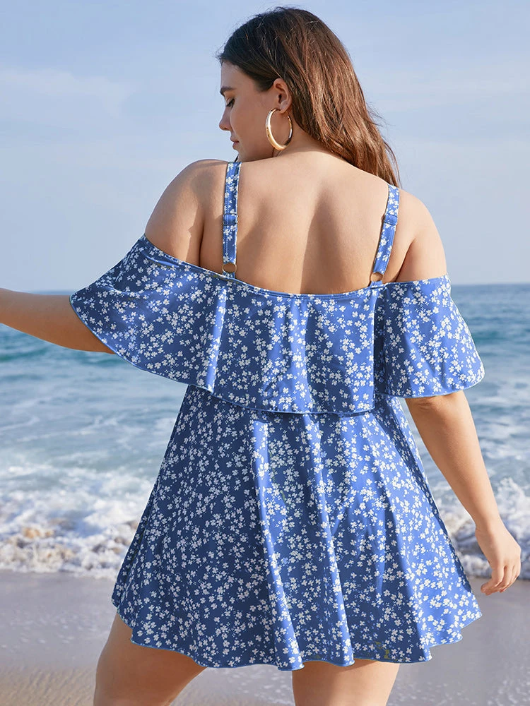 Ditsy Floral Cold Shoulder Sculpt Waist Ruffles Swim Dress 22 Ditsy Floral Cold Shoulder Sculpt Waist Ruffles Swim Dress - Image 20