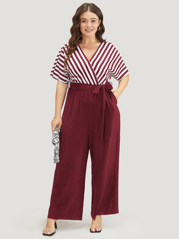 Striped Patchwork Pocket Batwing Sleeve Belted Wrap Jumpsuit 19 Striped Patchwork Pocket Batwing Sleeve Belted Wrap Jumpsuit - Image 17