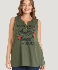 Rose & Letter Print Button Up Graphic Tank Top