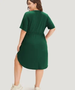 Supersoft Essentials Plain Pocket Curved Hem Drawstring V Neck Dress -Clothing Shop 796986716 qq
