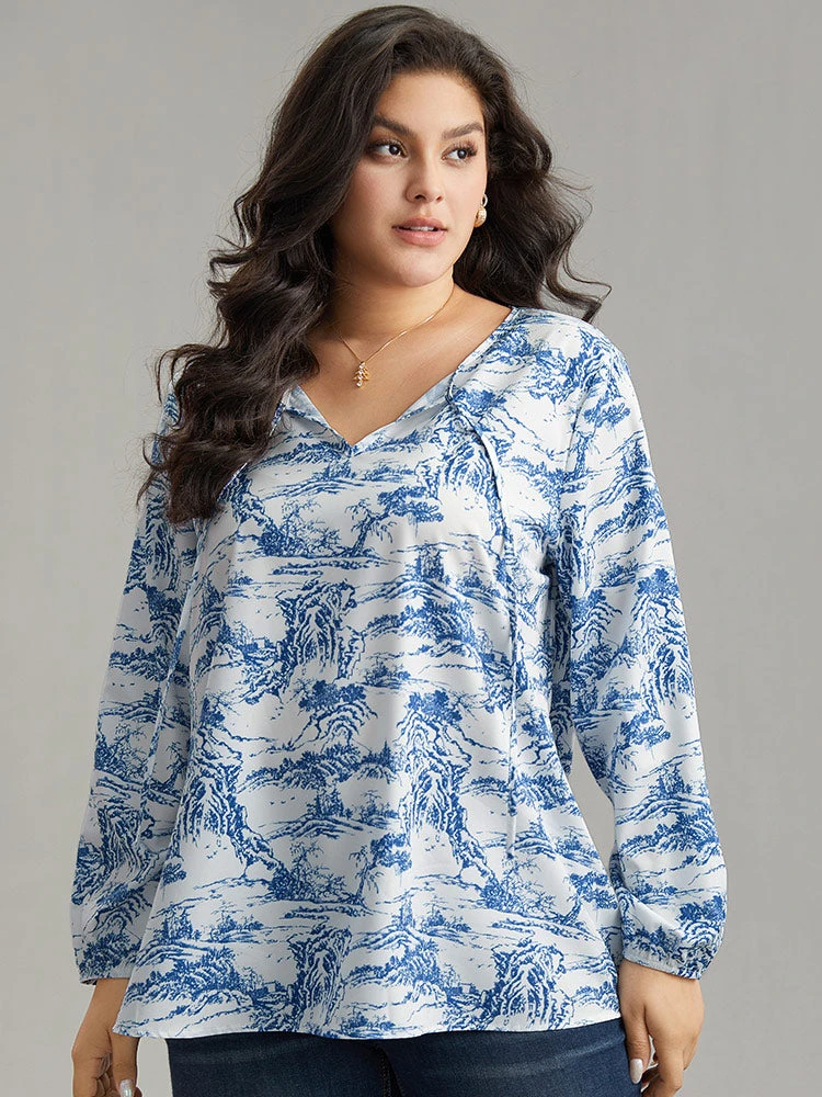 Landscape Print Tie Neck Blouse 5 Landscape Print Tie Neck Blouse - Image 3