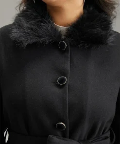 Solid Fuzzy Trim Button Through Belted Coat -Clothing Shop 798902652 ry b6550e04 6685 47d0 86af 123bc5b431b0