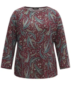 Paisley Print Round Neck Slightly Stretchy T-shirt -Clothing Shop 799865169 sv
