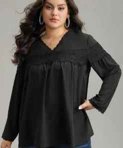 V Neck Lace Panel Gathered Blouse -Clothing Shop 800036149 dw