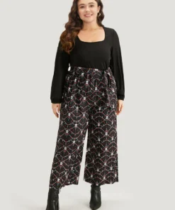 Halloween Skull Print Patchwork Belted Jumpsuit -Clothing Shop 800257816 me