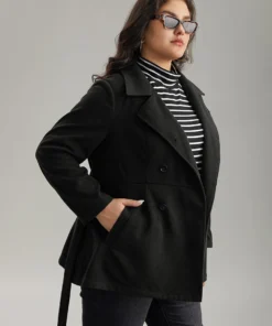 Plain Belted Double Breasted Pocket Coat -Clothing Shop 800578403 yl