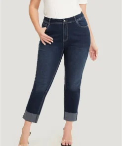 Straight Leg Very Stretchy High Rise Dark Wash Roll Hem Jeans
