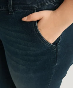 Plain Drawstring Front Roll Hem Jeans -Clothing Shop 801369 rh