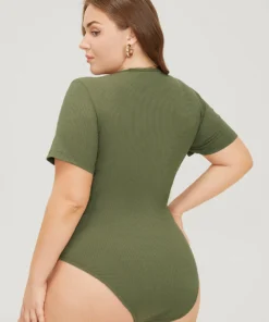 Solid Rib Knit Button Detail Bodysuit -Clothing Shop 801489447 nj