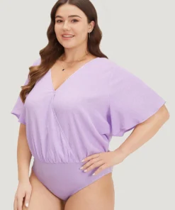 Solid Ruffle Sleeve V Neck Ruched Bodysuit -Clothing Shop 802472348 xe