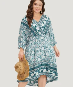 Floral Print Pocket Surplice Neck Ruffle Trim Dress -Clothing Shop 802993644 fe