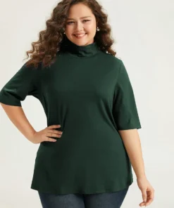 Cotton Plain Basic Turtleneck T-shirt -Clothing Shop 803893862 wy