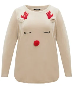 Christmas Elk Fluffy Ball Round Neck Sleep Top -Clothing Shop 804455474 wl