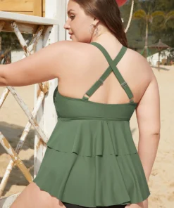 Drawstring Crisscross Back Ruffle Tiered Tankini Top -Clothing Shop 804929619 ol