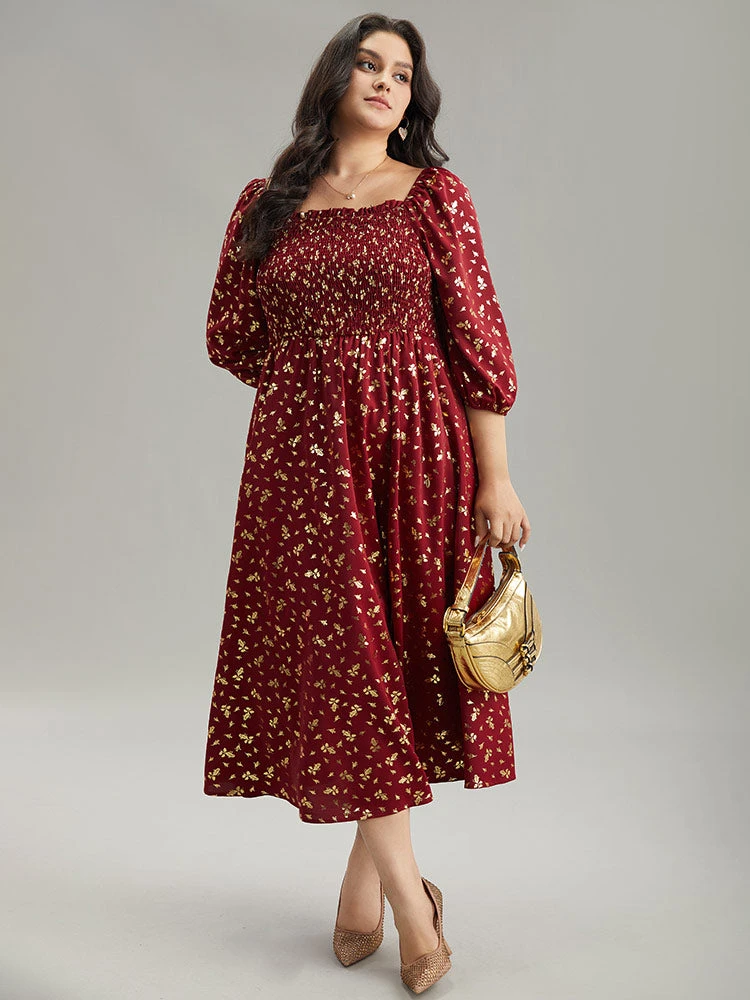 Glitter Square Neck Shirred Split Front Frill Trim Dress 3 Glitter Square Neck Shirred Split Front Frill Trim Dress