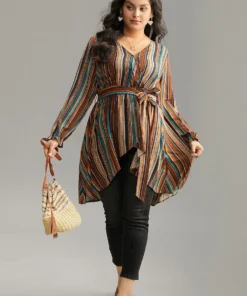 Striped Overlap Collar Arc Hem Belted Blouse -Clothing Shop 805477113 ii a31741c9 7e91 4e5e a1ca 710ea9d54a29