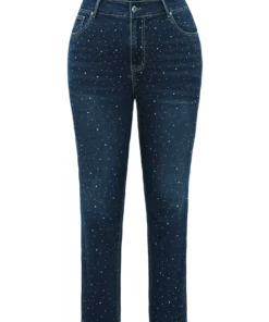 Rhinestone Detail Dark Wash Straight Leg Jeans -Clothing Shop 805955396 og