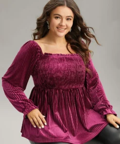 Velvet Frill Trim Shirred Square Neck Blouse