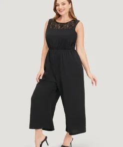 Solid Lace Mesh Pocket Sleeveless Jumpsuit -Clothing Shop 807648569 eh