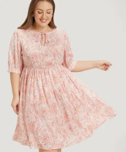Floral Puff Sleeve Pocket Flutter Keyhole Knot Neck Dress -Clothing Shop 808887864 ek
