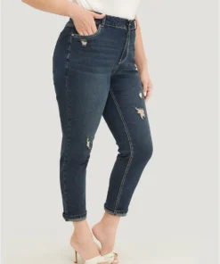 Very Stretchy High Rise Dark Wash Distressed Stitch Jeans -Clothing Shop 809028230 im