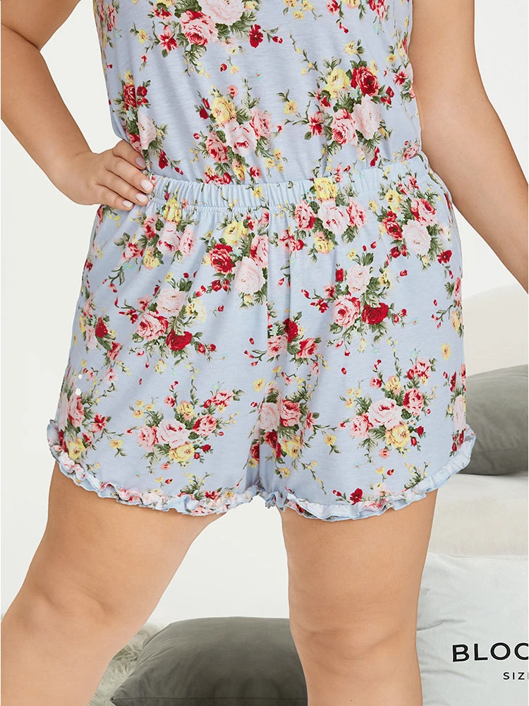 Floral Print Elastic Waist Frill Trim Sleep Shorts 3 Floral Print Elastic Waist Frill Trim Sleep Shorts