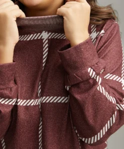 Plaid Geometric Contrast Funnel Neck T-shirt -Clothing Shop 810272810 qp