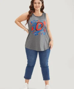 Letter & Floral Print Sleeveless Tank Top -Clothing Shop 810715476 we