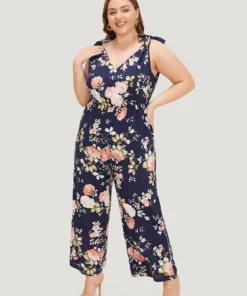 Floral Belt Pocket Knot Shoulder Jumpsuit -Clothing Shop 810862156 lg