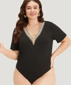Contrast Lace Patchwork V Neck Bodysuit -Clothing Shop 811224817 oa