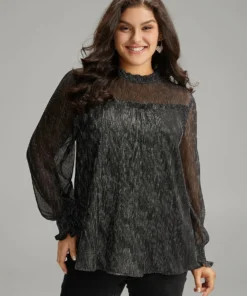 Stand Collar Mesh Patchwork Frill Trim Blouse